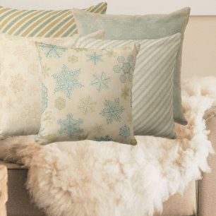 Vintage snowflake rustic winter teal blue cream   throw pillow