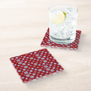Vintage Snowflakes on Red Glass Coaster
