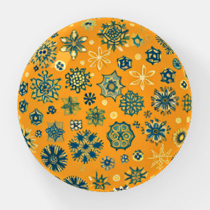 Vintage Snowflakes on Yellow Paperweight