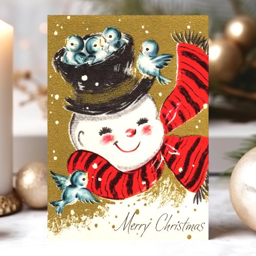 Vintage Snowman And Bluebirds Merry Christmas Holiday Card