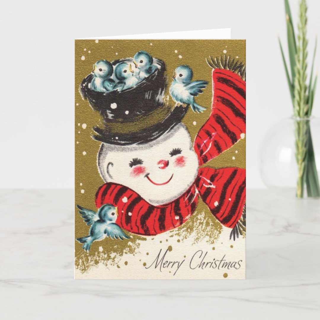 Vintage Snowman And Bluebirds Merry Christmas Holiday Card | Zazzle