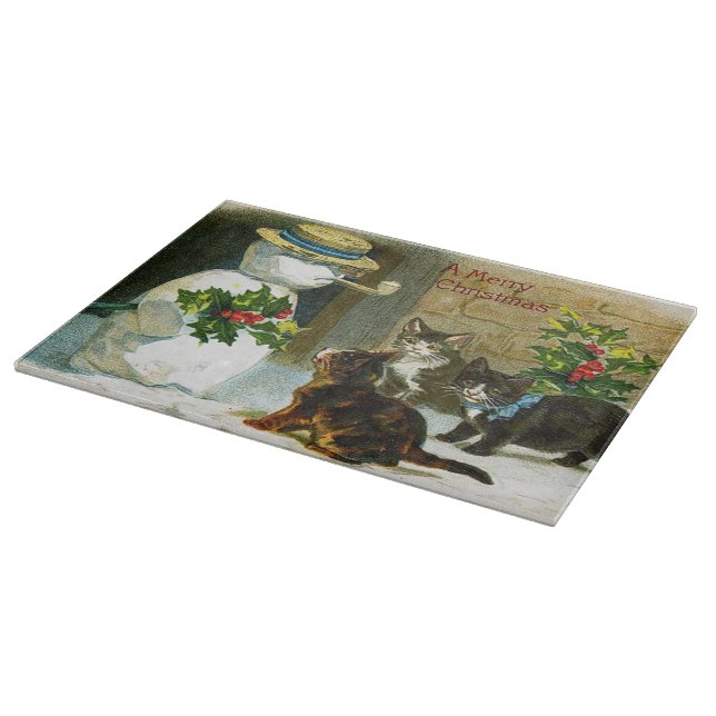Vintage Snowman and cats glass cutting board (Corner)