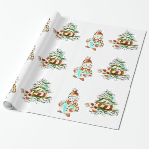 Vintage Snowman and Christmas Tree Wrapping Paper