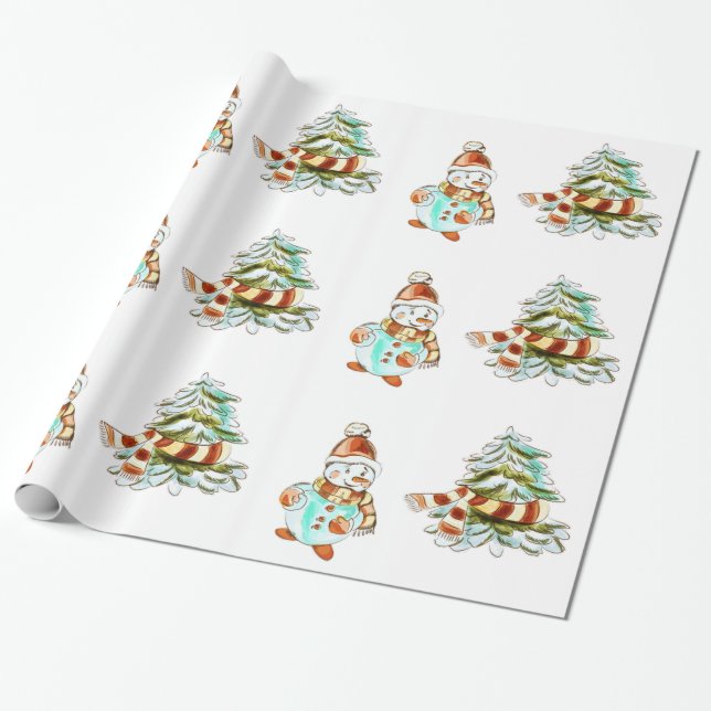 Vintage Snowman and Christmas Tree Wrapping Paper (Unrolled)