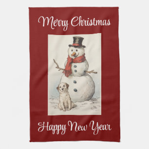 Vintage Snowman And Dog Kitchen Towel