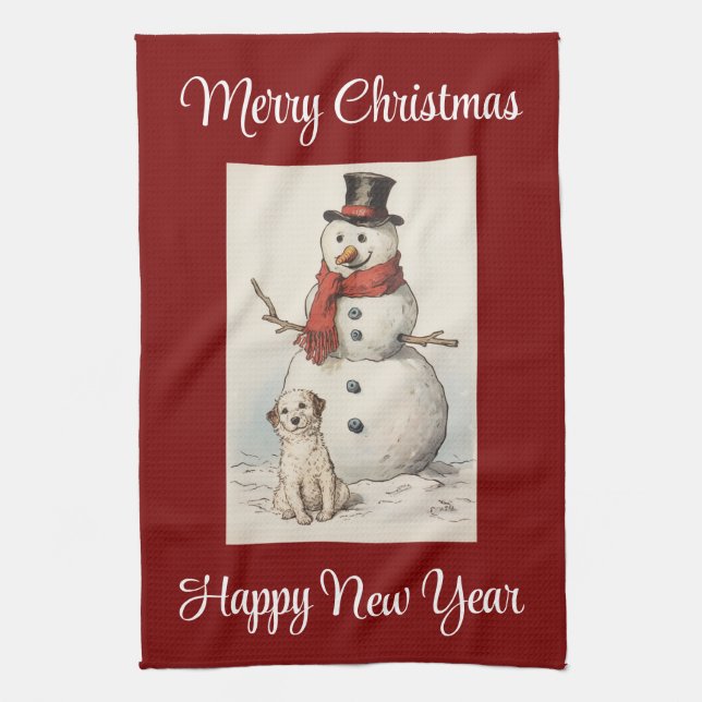 Vintage Snowman And Dog Kitchen Towel (Vertical)