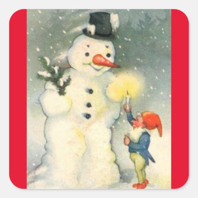 Vintage Snowman And Elf Square Sticker (Front)