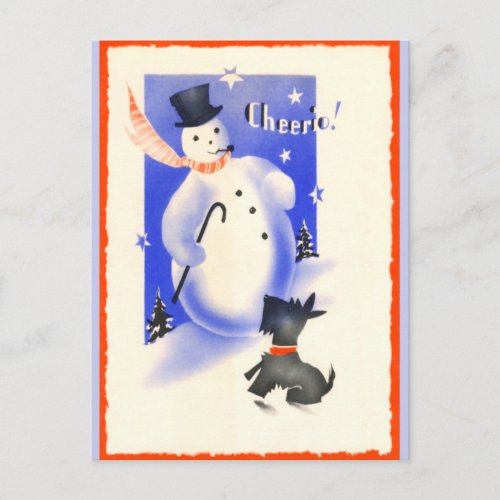 Vintage Snowman and Puppy Holiday Postcard