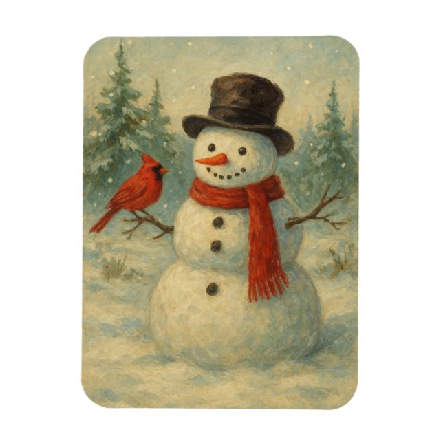 Vintage Snowman and Red Bird Christmas  Magnet (Vertical)