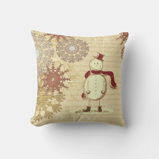 Vintage snowman and snowflakes throw pillow (Front)