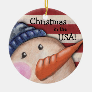 Vintage Snowman and USA Flag for Christmas Ceramic Ornament