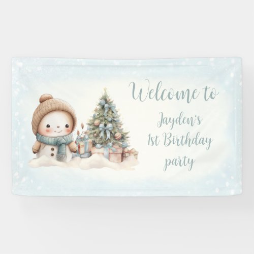 Vintage Snowman Blue Christmas 1st Birthday Banner