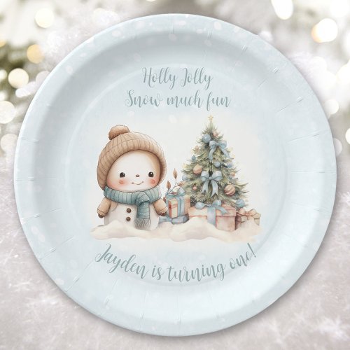 Vintage Snowman Blue Christmas First Birthday Paper Plates
