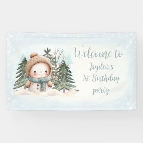 Vintage Snowman Blue Winter 1st Birthday Banner