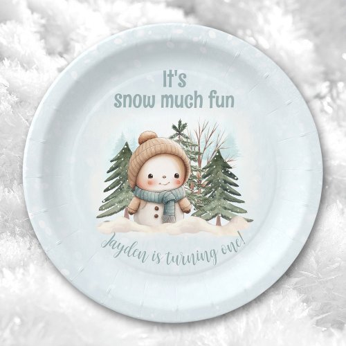 Vintage Snowman Blue Winter First Birthday Paper Plates