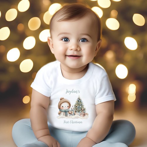 Vintage Snowman Boy Blue First Christmas Name Baby T_Shirt