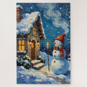Vintage Snowman by Candlelit Christmas Cottage Jigsaw Puzzle