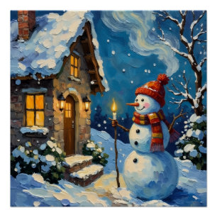 Vintage Snowman by Candlelit Christmas Cottage Poster