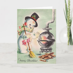 Vintage Snowman By The Wood Stove Holiday Card