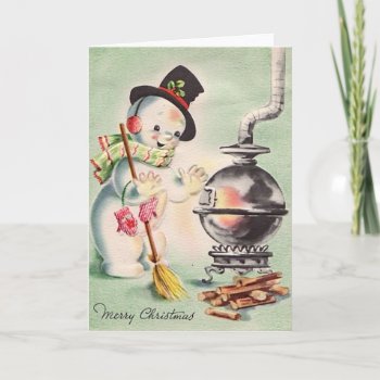 Vintage Snowman By The Wood Stove Holiday Card by tyraobryant at Zazzle