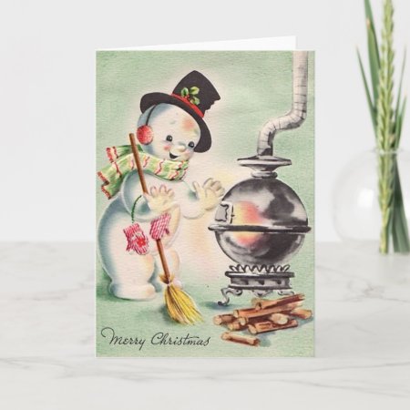 Vintage Snowman By The Wood Stove Holiday Card