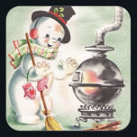 Vintage Snowman By The Wood Stove Square Sticker<br><div class="desc">Vintage Snowman By The Wood Stove.</div>