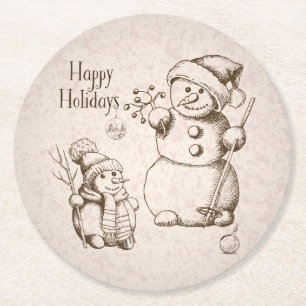 Vintage Snowman Christmas and Holiday Round Paper Coaster