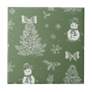 Vintage Snowman Christmas Toile Sage Green White Ceramic Tile