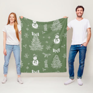 Vintage Snowman Christmas Toile Sage Green White Fleece Blanket