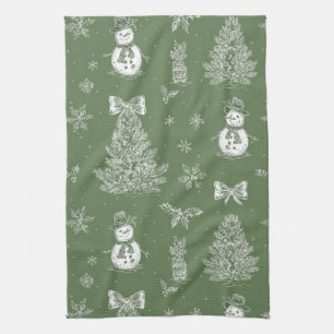 Vintage Snowman Christmas Toile Sage Green White Kitchen Towel