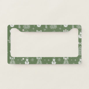 Vintage Snowman Christmas Toile Sage Green White License Plate Frame