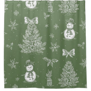 Vintage Snowman Christmas Toile Sage Green White Shower Curtain