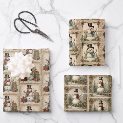Vintage Snowman Christmas Wrapping Paper Sheets