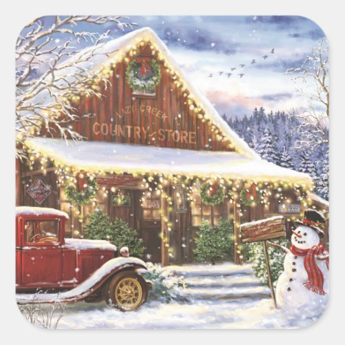 Vintage Snowman Country Store Square Sticker