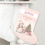 Vintage Snowman Girl Pink 1st Christmas Stocking<br><div class="desc">Cute Christmas stocking for girls with an adorable snowman and Christmas tree in blush pink with vintage vibes. Easily personalize the text. You can use it not just for 1st Christmas. :) - Kate Eden Art</div>