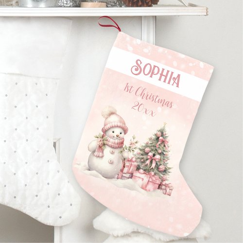 Vintage Snowman Girl Pink 1st Christmas Stocking