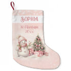 Vintage Snowman Girl Pink 1st Christmas Stocking