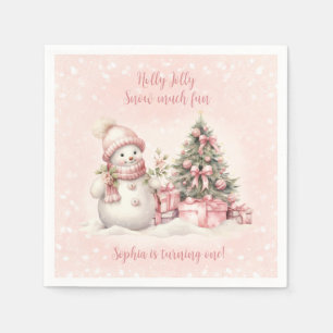 Vintage Snowman Girl Pink Christmas 1st Birthday Napkins
