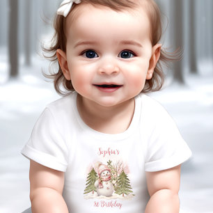 Vintage Snowman Girl Pink First Birthday T-shirt