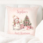 Vintage Snowman Girl Pink First Christmas Pillow<br><div class="desc">Cute First Christmas pillow,  nursery decor,  with an adorable snowman and Christmas tree in blush pink with vintage vibes for girls. Easily personalize the text or leave it blank. - Kate Eden Art</div>