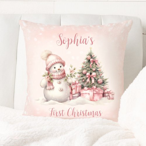 Vintage Snowman Girl Pink First Christmas Pillow