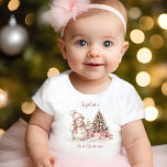 Vintage Snowman Girl Pink First Christmas T-shirt<br><div class="desc">Cute First Christmas or 1st Christmas Birthday baby t-shirt with an adorable snowman and Christmas tree in blush pink with vintage vibes. Easily personalize the text. :) - Kate Eden Art</div>