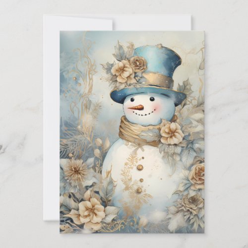 Vintage Snowman Gold Blue White Christmas Holiday Card