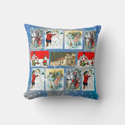 Vintage Snowman Images Throw Pillow