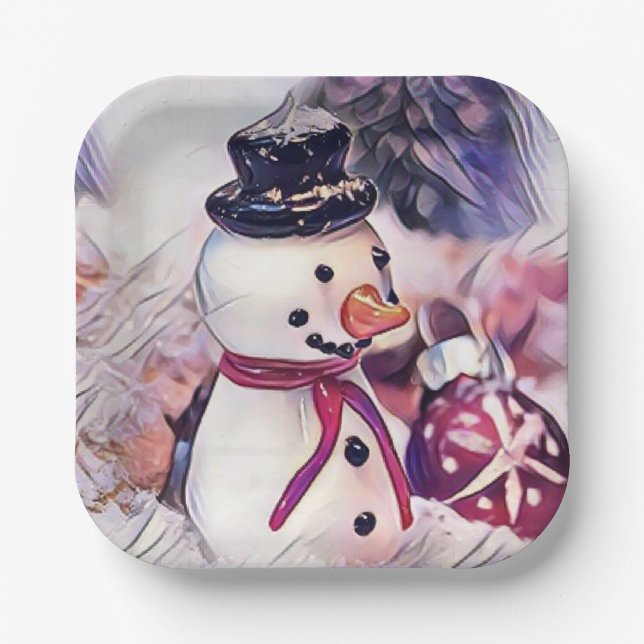 Vintage Snowman in the Snow Drawing  Paper Plates (Front)