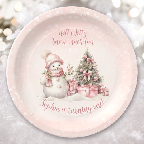 Vintage Snowman Pink Christmas First Birthday Paper Plates