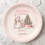 Vintage Snowman Pink Christmas Girl Baby Shower Paper Plates<br><div class="desc">Cute Christmas girl baby shower paper plates with an adorable snowman and Christmas tree in blush pink with vintage vibes. Easily personalize the text - Kate Eden Art</div>
