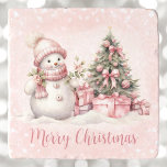 Vintage Snowman Pink Christmas Trivet<br><div class="desc">Cute pink Christmas trivet with an adorable snowman and Christmas tree in blush pink with vintage vibes. Easily personalize the text or leave it blank. - Kate Eden Art</div>