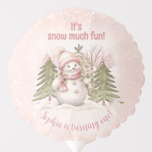 Vintage Snowman Pink Winter 1st Birthday Balloon