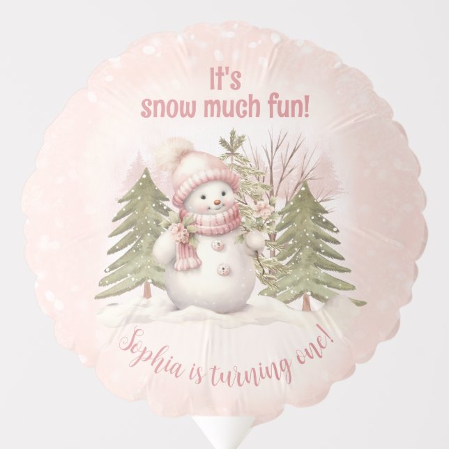 Vintage Snowman Pink Winter 1st Birthday Balloon (Front)